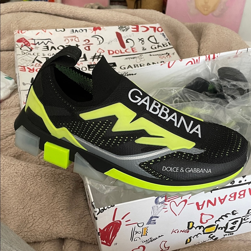 Dolce & Gabbana Black and Lime Green Slip-On Sneakers